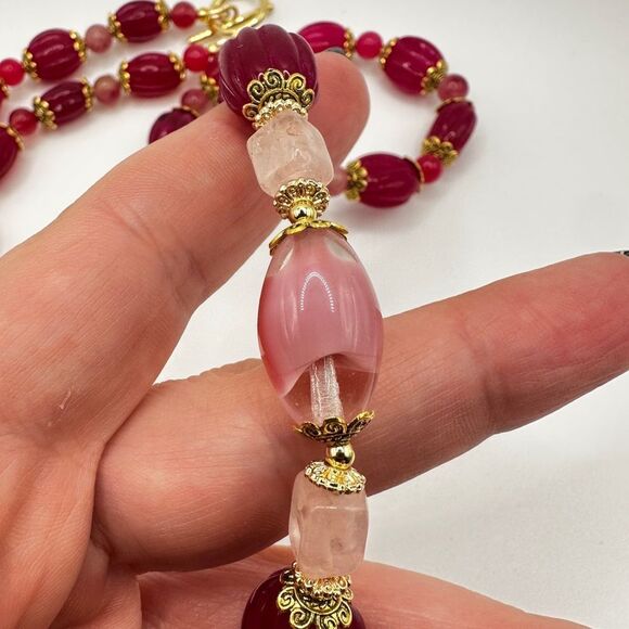 30", carved Ruby, tourmaline, rose quartz and glass artisan necklace! - Picture 6 of 12